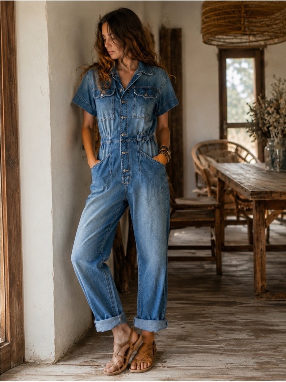 We The Free Marci Washed Blue Denim Short-Sleeve Jumpsuit